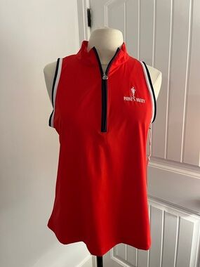 Kinona Red Sleeveless Zip Golf Tank with Navy Trim